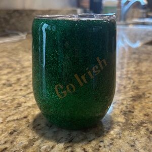 Green Glitter Tumbler with Gold Text, “Go Irish” on front, brand new!